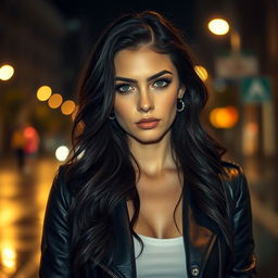 A beautiful woman with long, wavy black hair, standing alone on a city street at night, illuminated by the warm glow of streetlights