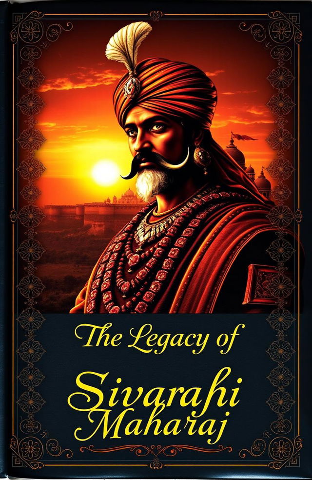 A detailed and engaging cover design for a history book about Chhatrapati Shivaji Maharaj, showcasing his valor and leadership in the Maratha Empire