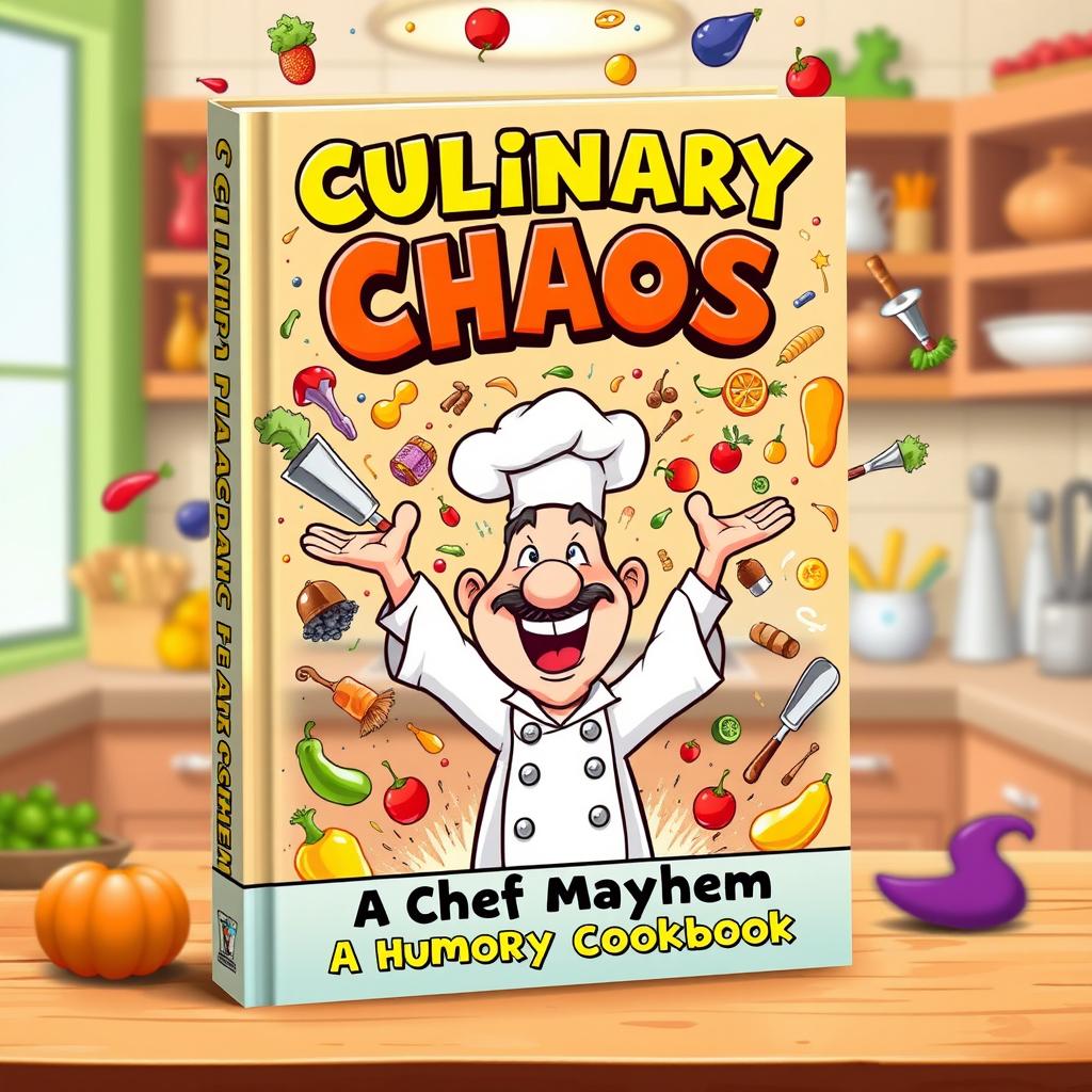 A whimsical and humorous book cover design for 'Culinary Chaos' by Chef Mayhem