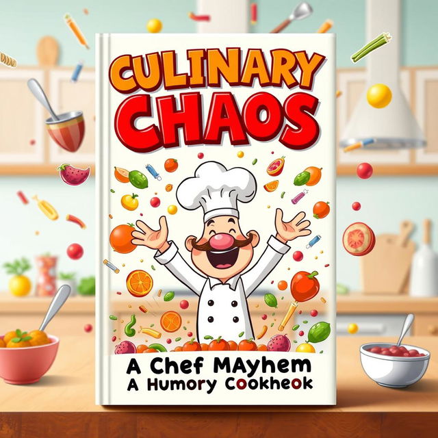 A whimsical and humorous book cover design for 'Culinary Chaos' by Chef Mayhem