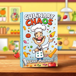 A whimsical and humorous book cover design for 'Culinary Chaos' by Chef Mayhem