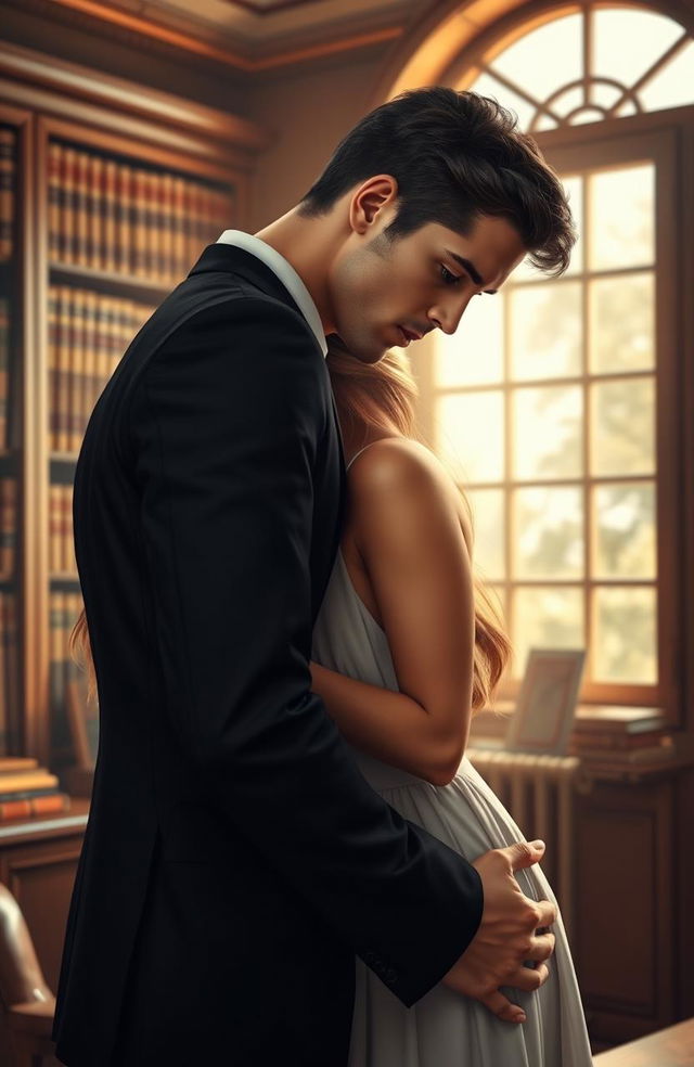 A romantic scene depicting a handsome lawyer in a well-fitted black suit, with short, styled dark hair and piercing blue eyes, leaning down to kiss his beautiful client