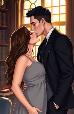 A romantic scene depicting a handsome lawyer in a well-fitted black suit, with short, styled dark hair and piercing blue eyes, leaning down to kiss his beautiful client