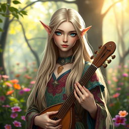 A stunning androgynous elf bard with a beautiful, delicate face, featuring long flowing blond hair that cascades down their shoulders and striking silver eyes that shimmer in the light