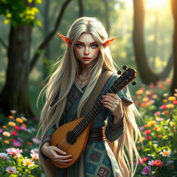 A stunning androgynous elf bard with a beautiful, delicate face, featuring long flowing blond hair that cascades down their shoulders and striking silver eyes that shimmer in the light