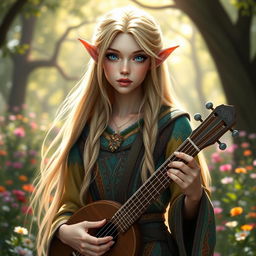 A stunning androgynous elf bard with a beautiful, delicate face, featuring long flowing blond hair that cascades down their shoulders and striking silver eyes that shimmer in the light