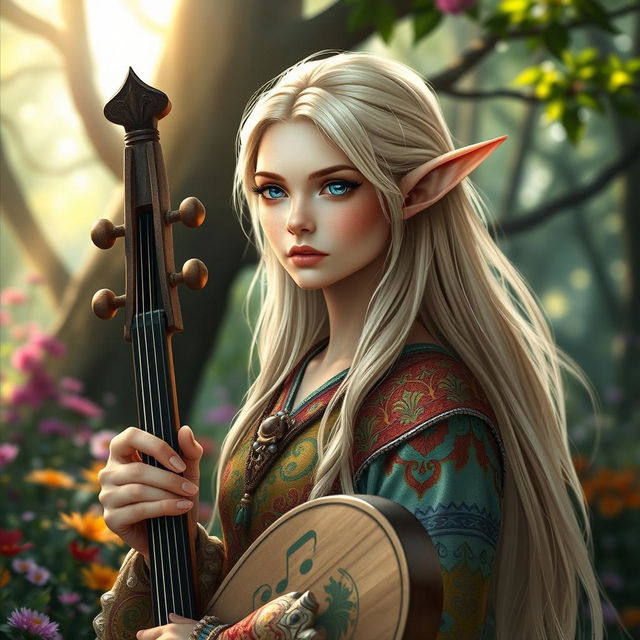 A stunning androgynous elf bard with a beautiful, delicate face, featuring long flowing blond hair that cascades down their shoulders and striking silver eyes that shimmer in the light