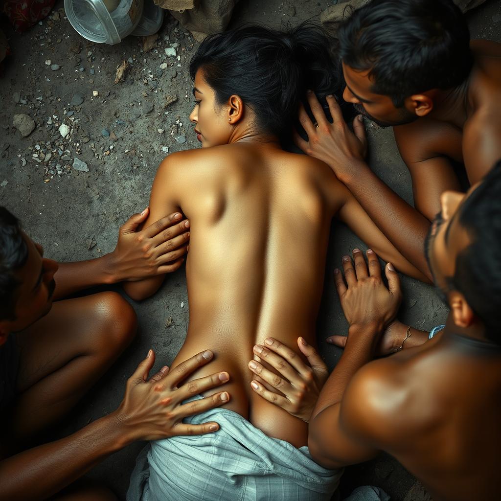 Sensual image of a Latino supermodel lying on the floor in a slum, surrounded by multiple poor Indian men who are passionately kissing her