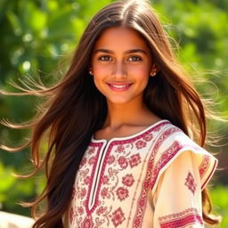 A beautiful Arab girl with long, flowing dark hair and captivating brown eyes, dressed in a stylish embroidered traditional dress