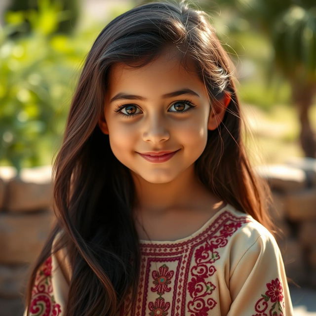 A beautiful Arab girl with long, flowing dark hair and captivating brown eyes, dressed in a stylish embroidered traditional dress