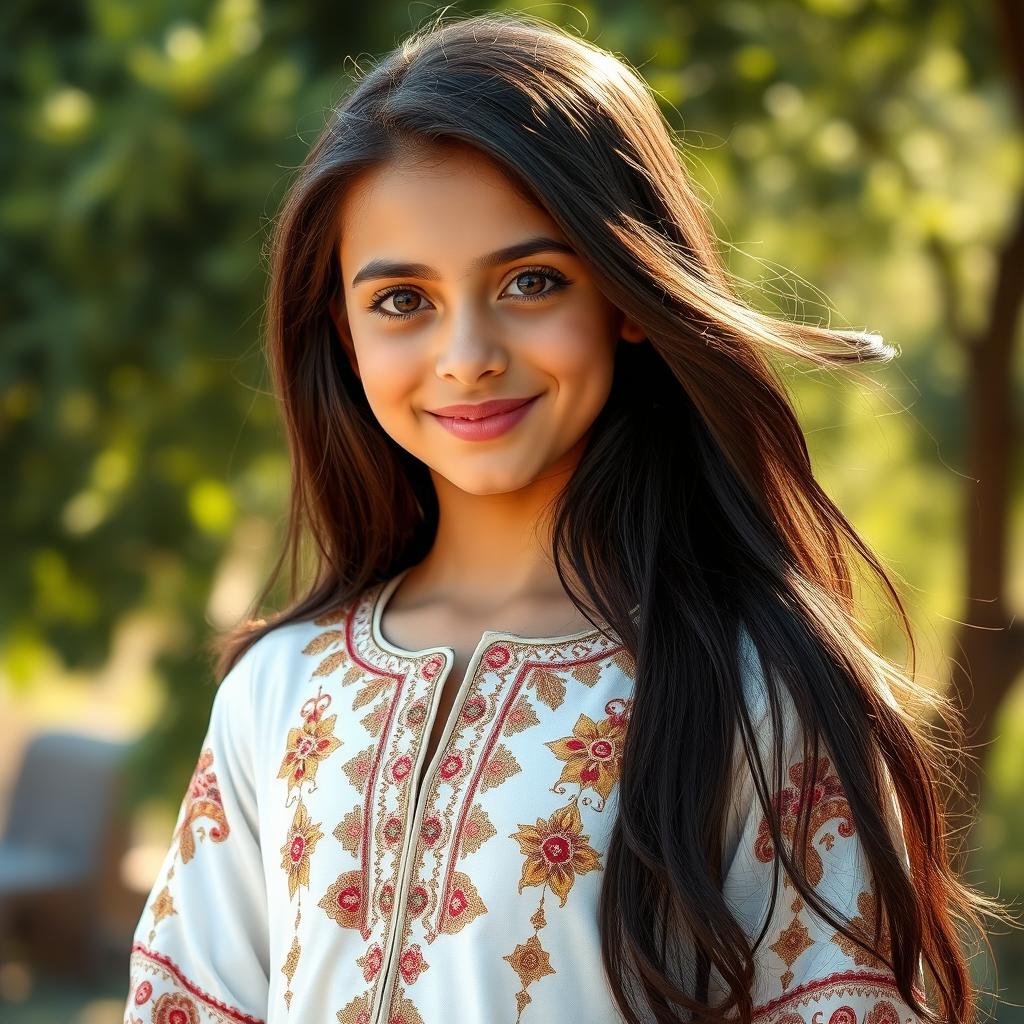 A beautiful Arab girl with long, flowing dark hair and captivating brown eyes, dressed in a stylish embroidered traditional dress