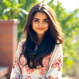 A beautiful Arab girl with long, flowing dark hair and captivating brown eyes, dressed in a stylish embroidered traditional dress that accentuates her curvy figure