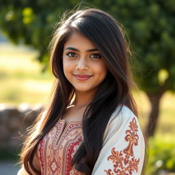 A beautiful Arab girl with long, flowing dark hair and captivating brown eyes, dressed in a stylish embroidered traditional dress that accentuates her curvy figure