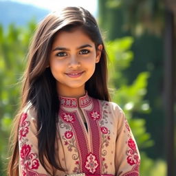 A beautiful Arab girl with long, flowing dark hair and captivating brown eyes, dressed in a stylish embroidered traditional dress that accentuates her curvy figure