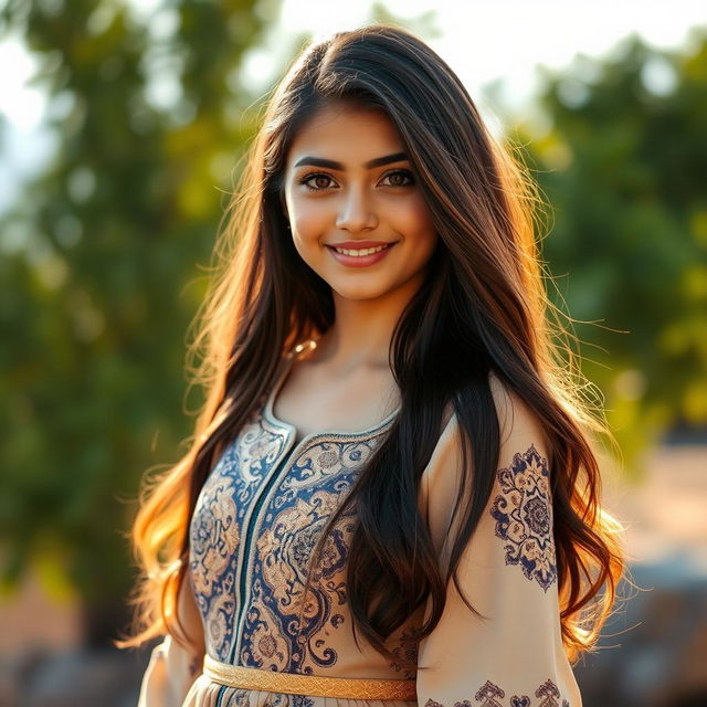 A beautiful Arab girl with long, flowing dark hair and captivating brown eyes, dressed in a stylish embroidered traditional dress that accentuates her curvy figure