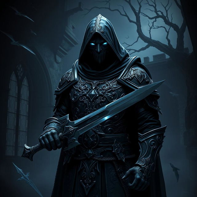 A Shadar-Kai Dark Paladin standing confidently in a dimly lit, gothic environment