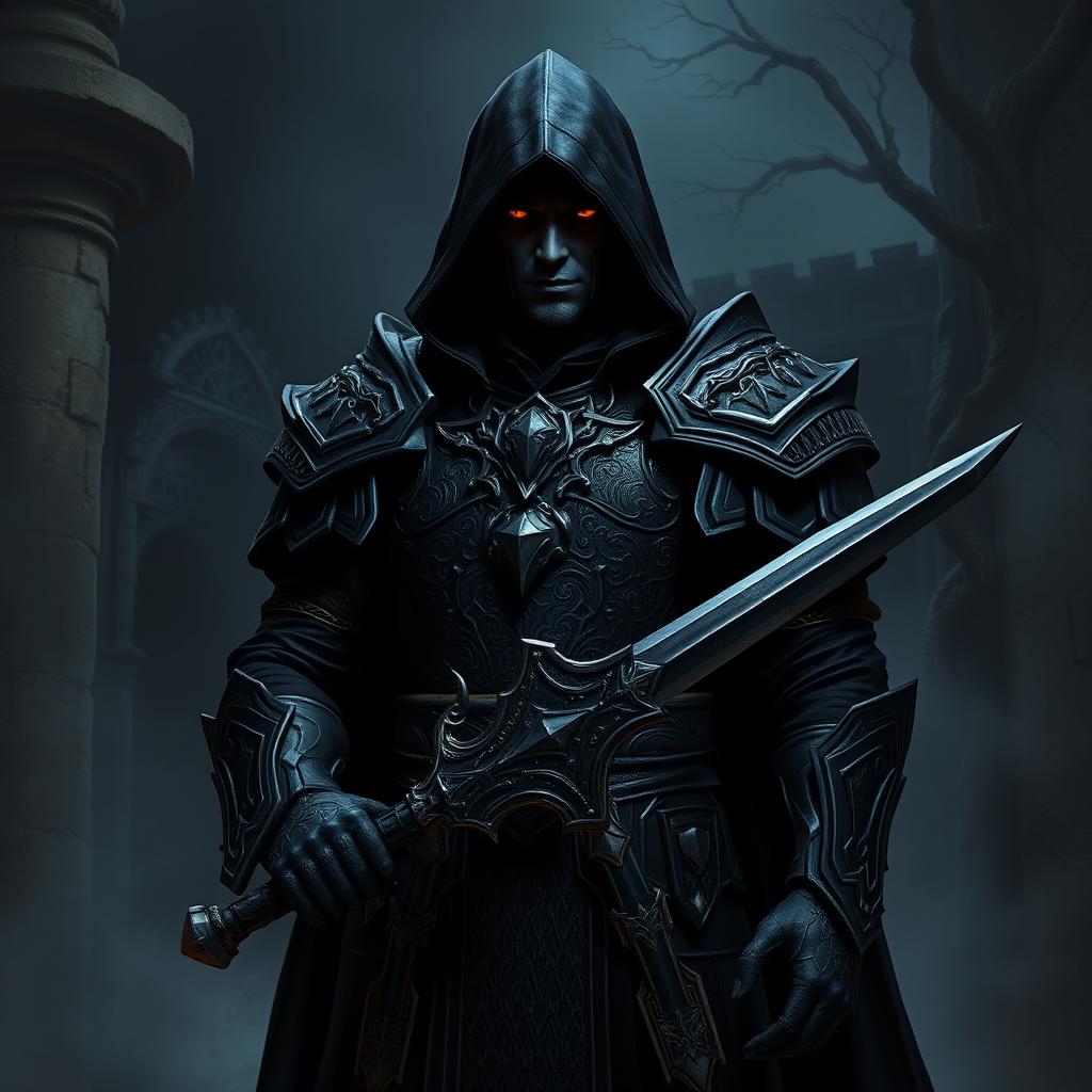 A Shadar-Kai Dark Paladin standing confidently in a dimly lit, gothic environment