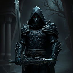 A Shadar-Kai Dark Paladin standing confidently in a dimly lit, gothic environment