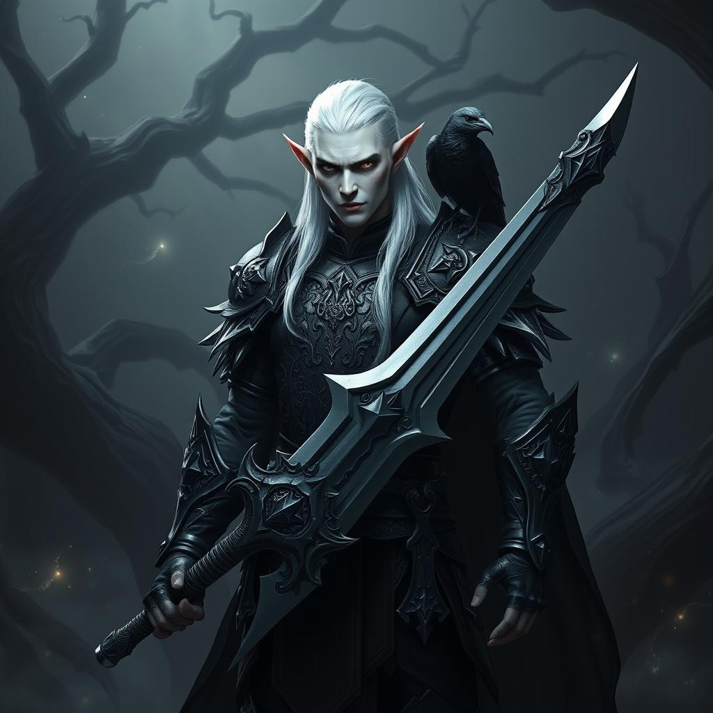 A male Shadar-Kai elf with pale skin and striking white hair, standing imposing in a shadowy realm