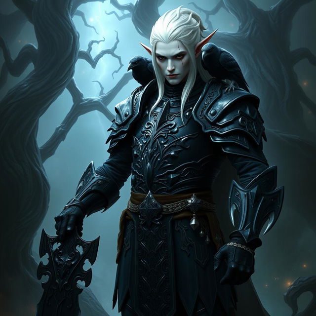 A male Shadar-Kai elf with pale skin and striking white hair, standing imposing in a shadowy realm