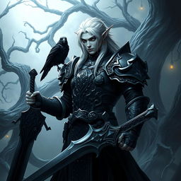 A male Shadar-Kai elf with pale skin and striking white hair, standing imposing in a shadowy realm