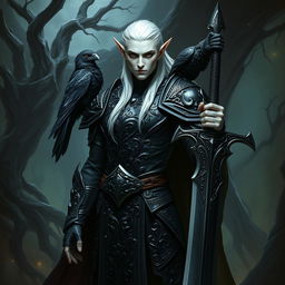 A male Shadar-Kai elf with pale skin and striking white hair, standing imposing in a shadowy realm
