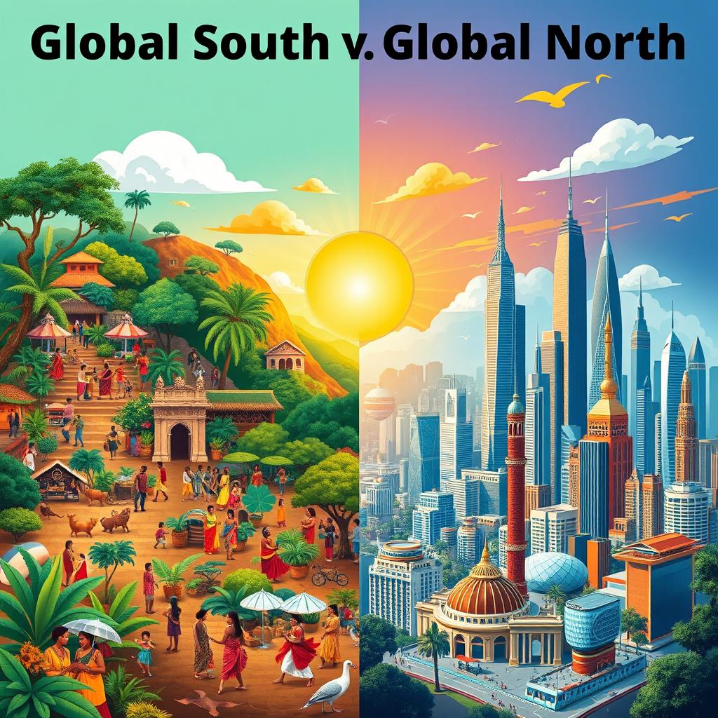 A visually striking poster that contrasts the Global South and Global North, divided into two harmonious sections