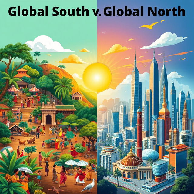 A visually striking poster that contrasts the Global South and Global North, divided into two harmonious sections