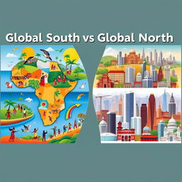 A visually striking poster that contrasts the Global South and Global North, divided into two harmonious sections