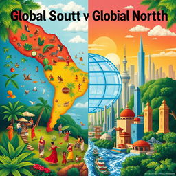 A visually striking poster that contrasts the Global South and Global North, divided into two harmonious sections