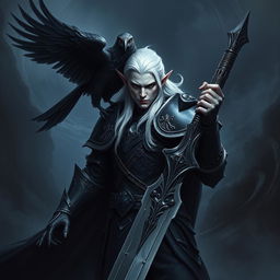 A male shadar-kai elf with pale skin and striking white hair, dressed in imposing black plate armor