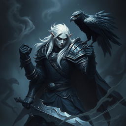 A male shadar-kai elf with pale skin and striking white hair, dressed in imposing black plate armor