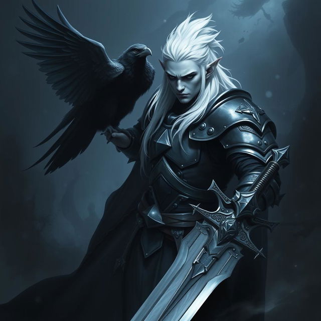 A male shadar-kai elf with pale skin and striking white hair, dressed in imposing black plate armor