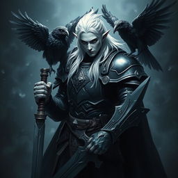 A male shadar-kai elf with pale skin and striking white hair, dressed in imposing black plate armor