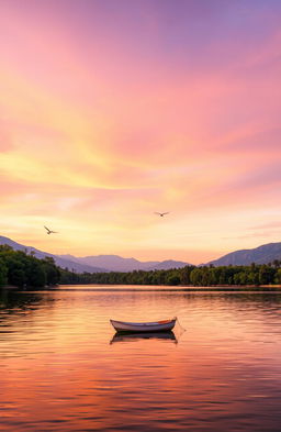 A serene sunset over a picturesque lake, the sky painted in vibrant shades of orange, pink, and purple