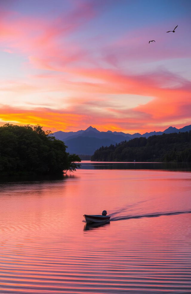 A serene sunset over a picturesque lake, the sky painted in vibrant shades of orange, pink, and purple