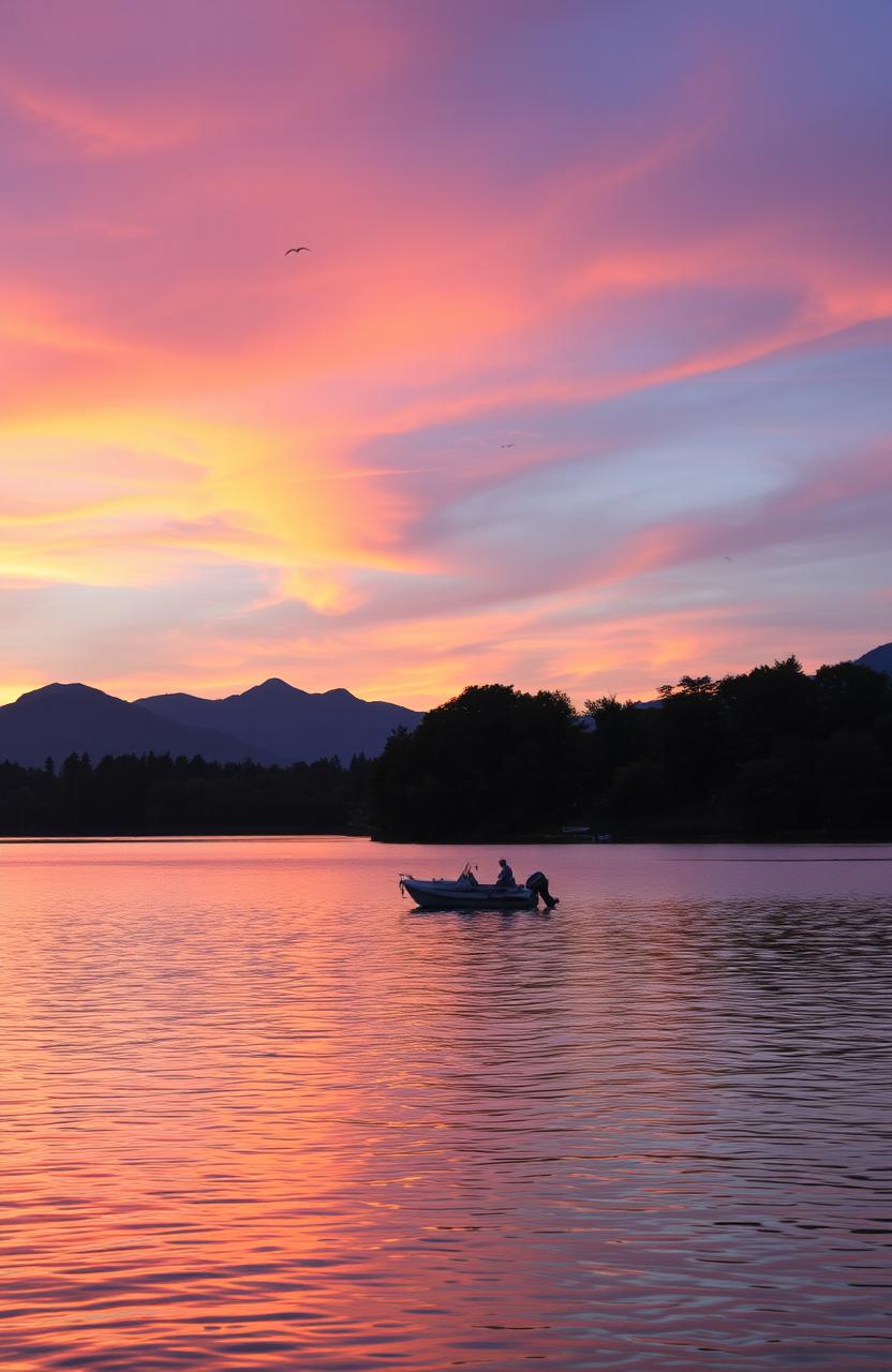 A serene sunset over a picturesque lake, the sky painted in vibrant shades of orange, pink, and purple