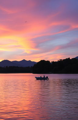 A serene sunset over a picturesque lake, the sky painted in vibrant shades of orange, pink, and purple