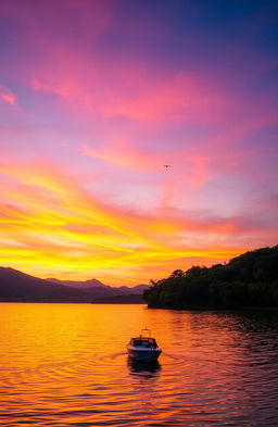 A serene sunset over a picturesque lake, the sky painted in vibrant shades of orange, pink, and purple