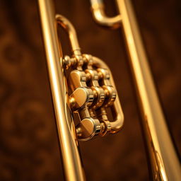 A beautifully detailed close-up of a gleaming trombone, showcasing its intricate valve mechanism and shining brass finish