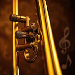 A beautifully detailed close-up of a gleaming trombone, showcasing its intricate valve mechanism and shining brass finish