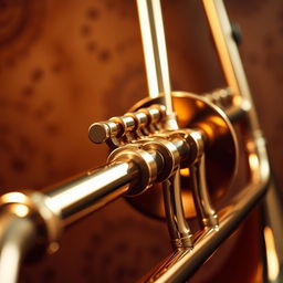 A beautifully detailed close-up of a gleaming trombone, showcasing its intricate valve mechanism and shining brass finish