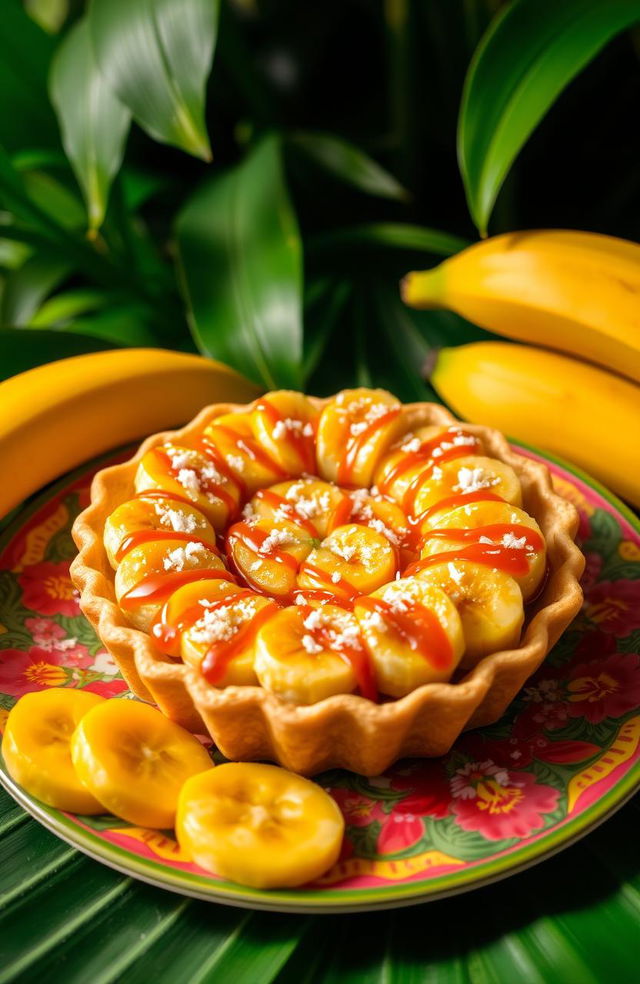 A beautifully arranged serving of Kue Pai Pisang, an Indonesian dessert, featuring a delicate crust filled with ripe, sliced bananas, drizzled with caramel sauce, and topped with a sprinkle of shredded coconut