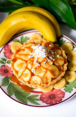 A beautifully arranged serving of Kue Pai Pisang, an Indonesian dessert, featuring a delicate crust filled with ripe, sliced bananas, drizzled with caramel sauce, and topped with a sprinkle of shredded coconut