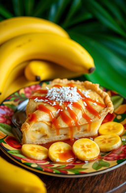 A beautifully arranged serving of Kue Pai Pisang, an Indonesian dessert, featuring a delicate crust filled with ripe, sliced bananas, drizzled with caramel sauce, and topped with a sprinkle of shredded coconut