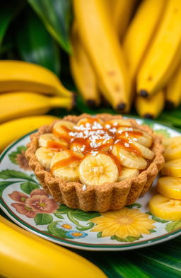 A beautifully arranged serving of Kue Pai Pisang, an Indonesian dessert, featuring a delicate crust filled with ripe, sliced bananas, drizzled with caramel sauce, and topped with a sprinkle of shredded coconut