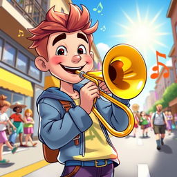 A character named Trombone Kyle, a cheerful and upbeat young man playing a shiny trombone