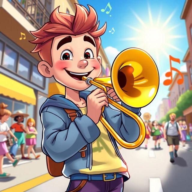 A character named Trombone Kyle, a cheerful and upbeat young man playing a shiny trombone