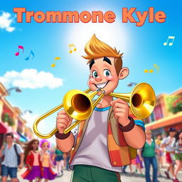 A character named Trombone Kyle, a cheerful and upbeat young man playing a shiny trombone