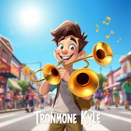 A character named Trombone Kyle, a cheerful and upbeat young man playing a shiny trombone